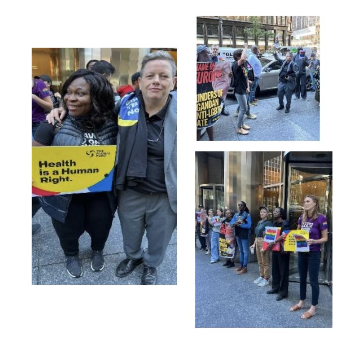 Advocates holding signs reading Health is a Human Right